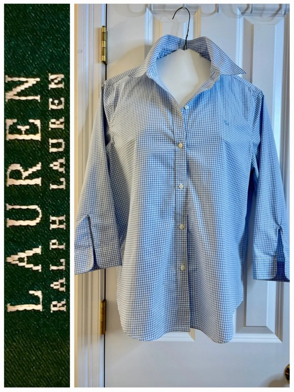Lauren Ralph Lauren Button-Up Shirt Blue Gingham Check large non-iron cotton - Picture 1 of 7